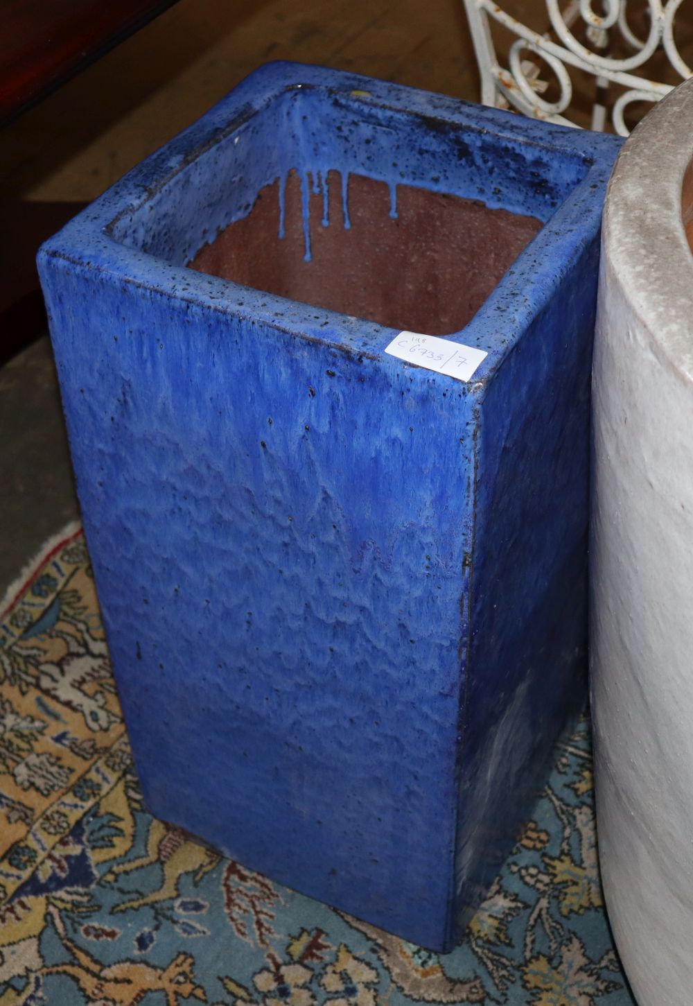 A large blue glazed square garden planter, H.60cm